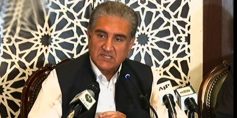 Shah Mehmood Qureshi addresses a press conference in NADRA headquarters