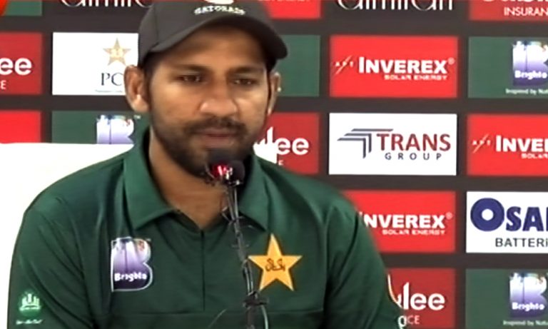 Captain Sarfaraz addresses a press conference at National Stadium
