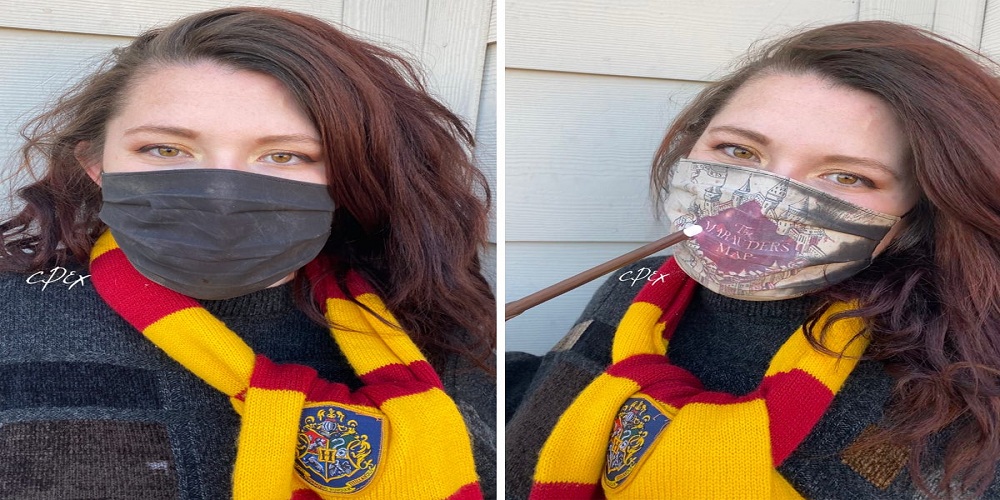This artist created a 'Harry Potter' face mask that shows Marauder's Map as she breathed