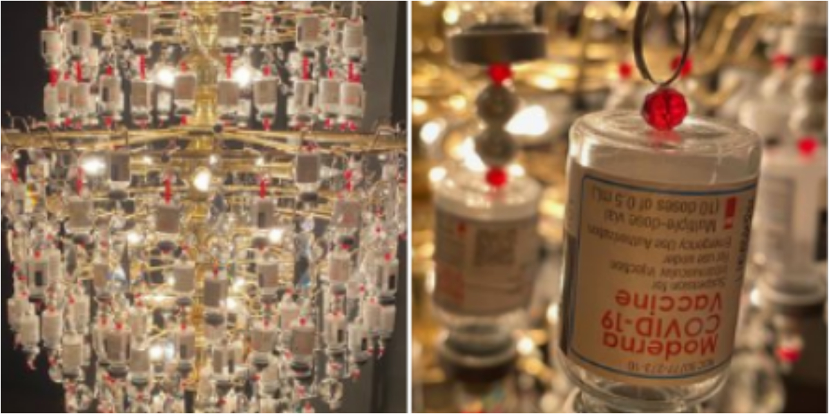 Covid-19 vaccine vials chandelier