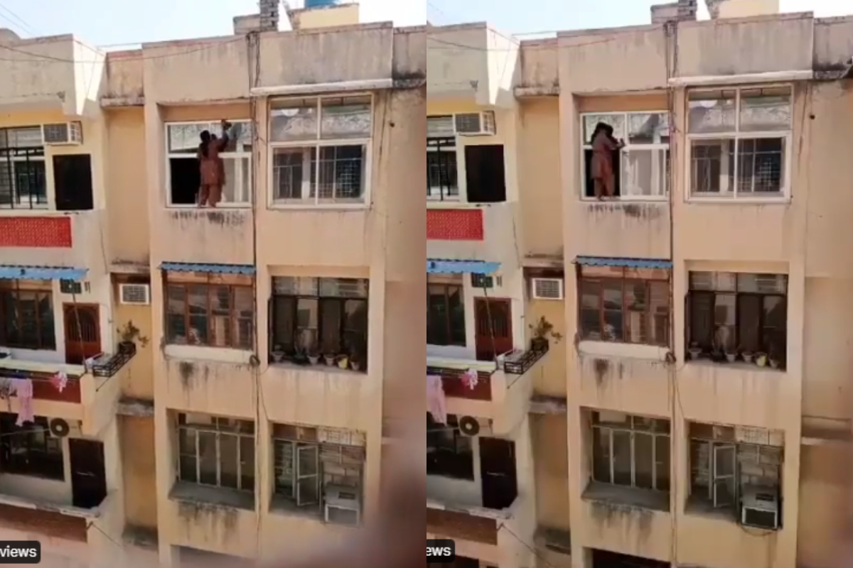 In the video, the woman can be seen leaning against a window sill for diwali preparation. I can see her cleaning the windows. People are engaged in the necessary Diwali ki safai task as the festival of lights draws closer.