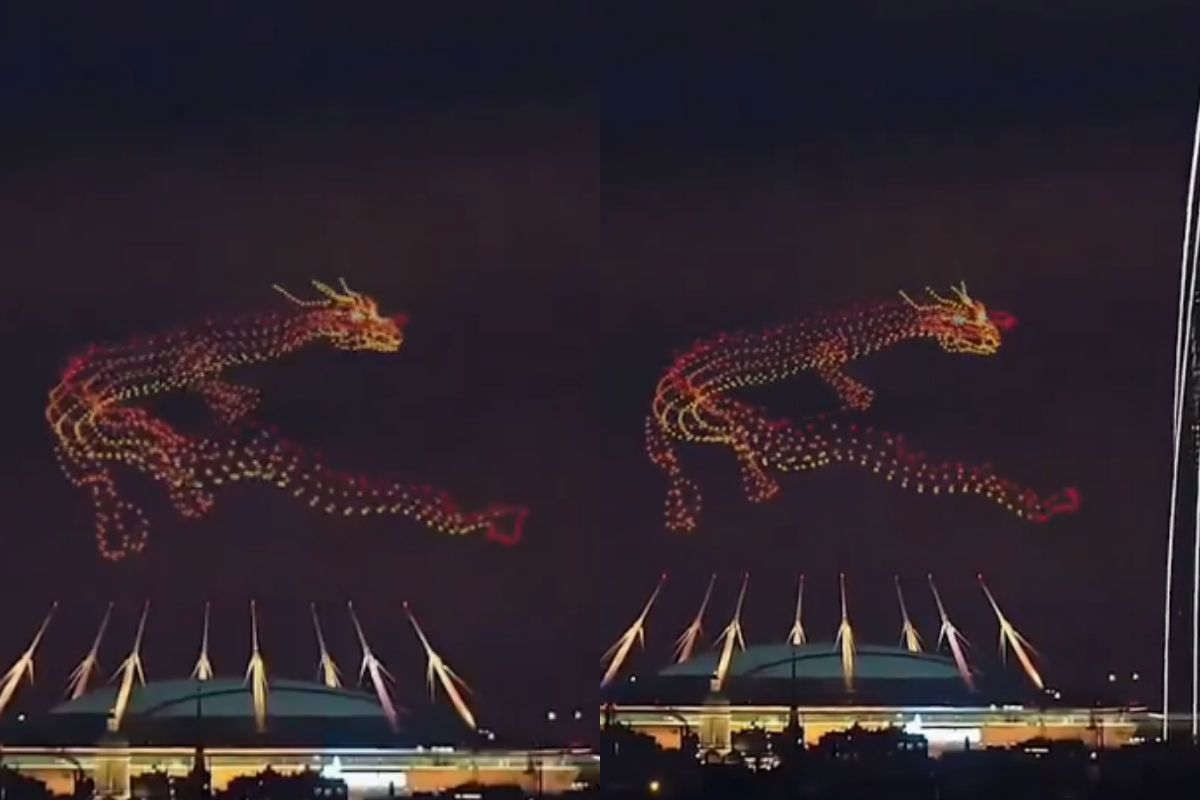Drones make dragon in night sky
