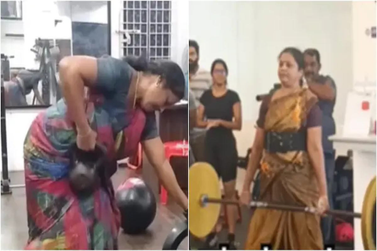 56-yr-old woman goes viral for lifting heavy weight in saree