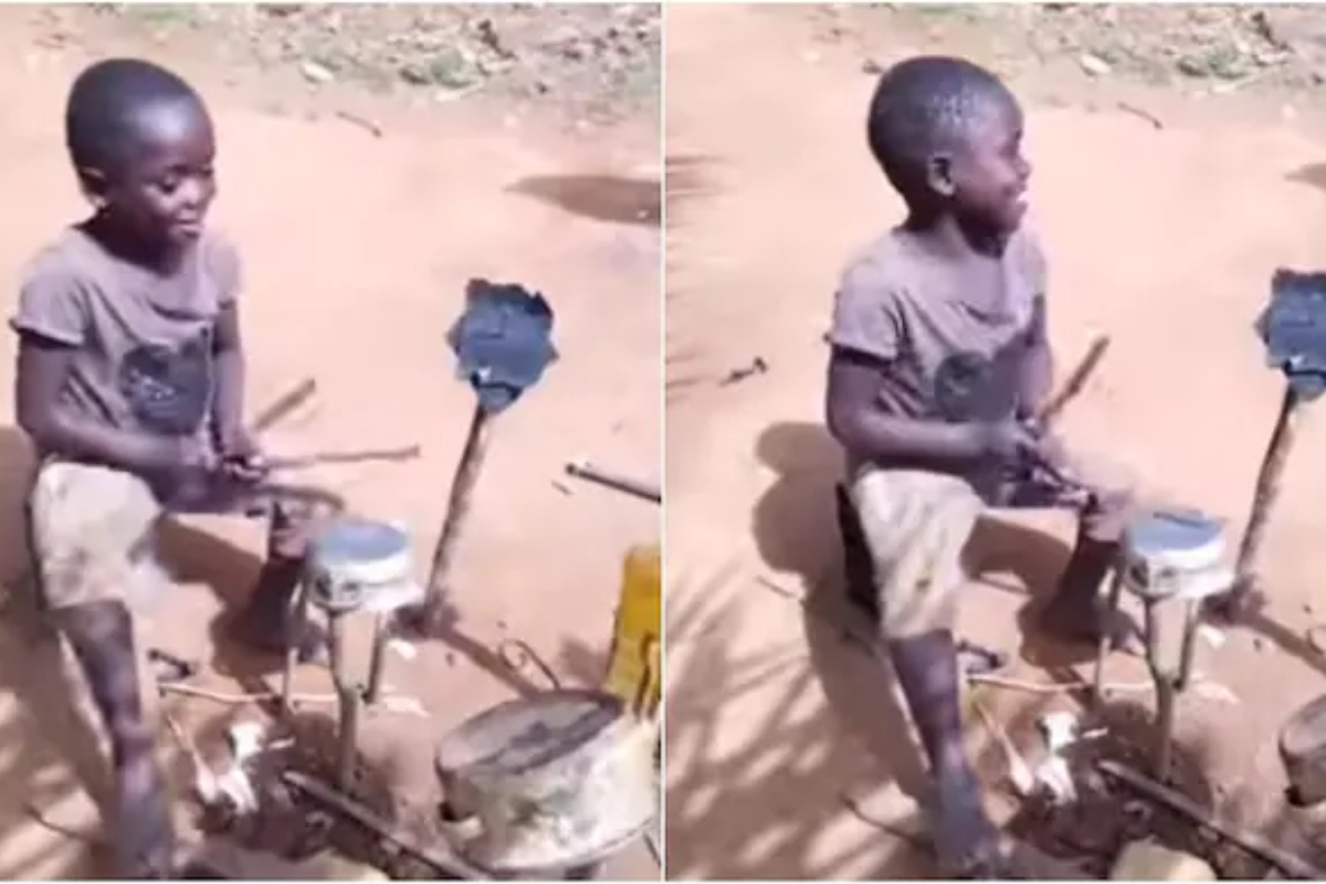 Boy plays scrap-material