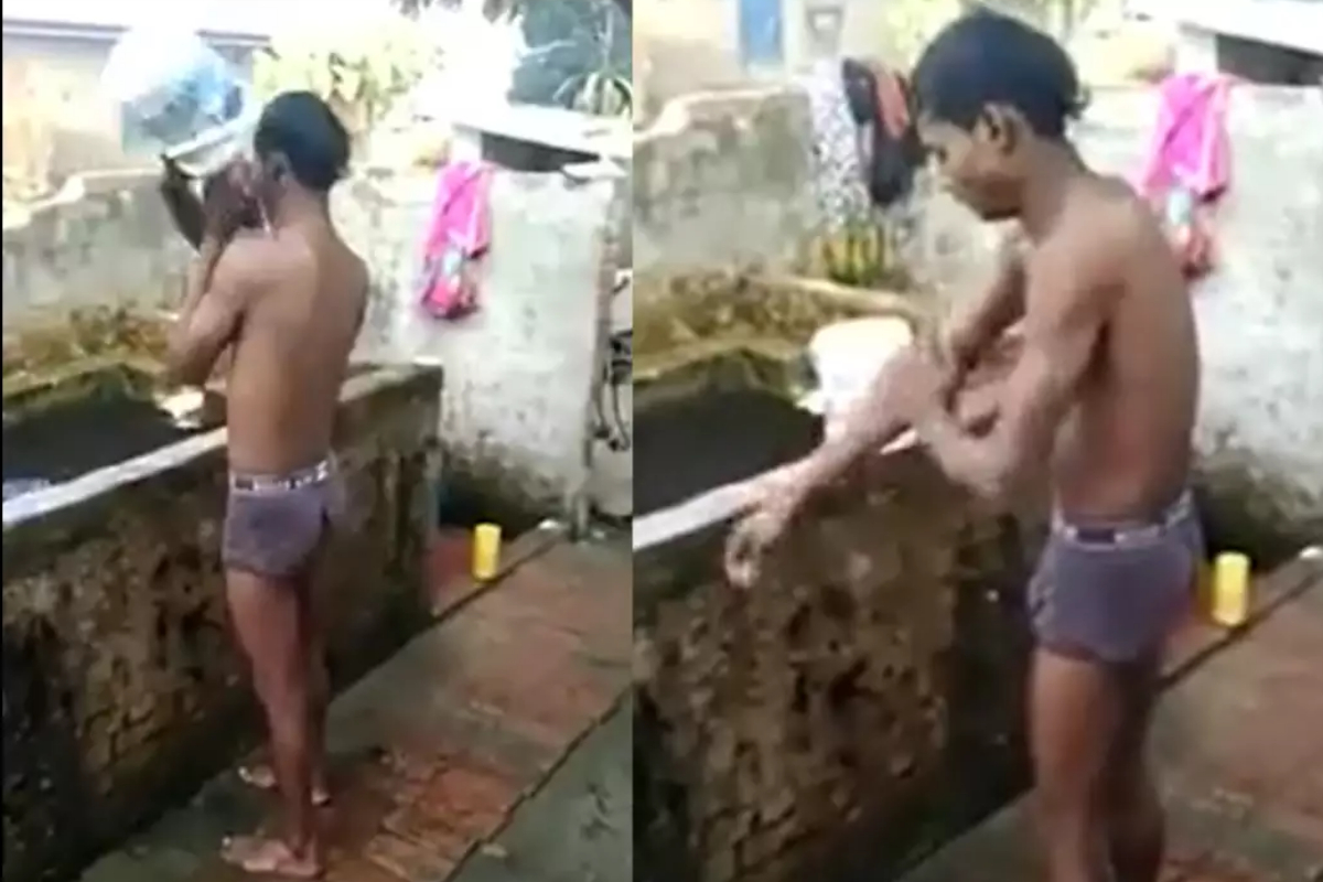 Desi man winter bathing