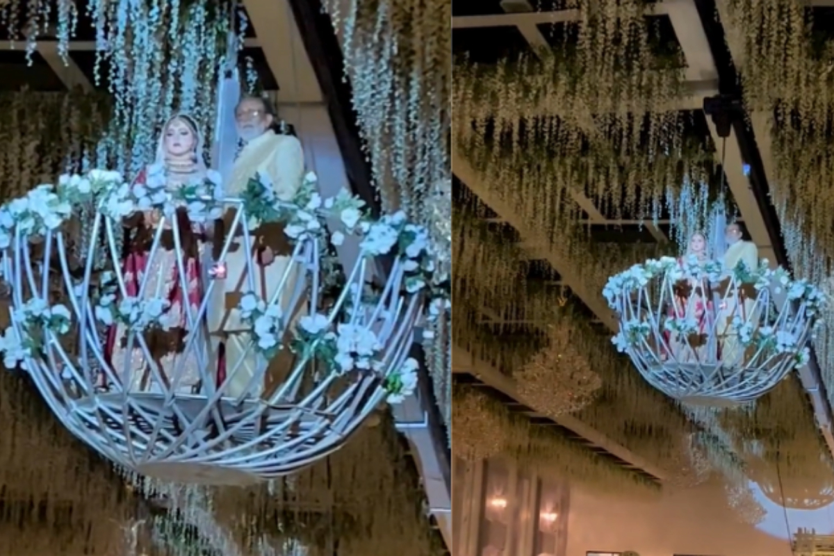 Bride arrives on ceiling-mounted