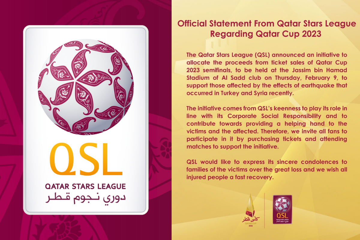 Qatar Cup: QSL to donate semi-finals ticket revenue to Turkiye, Syria earthquake victims
