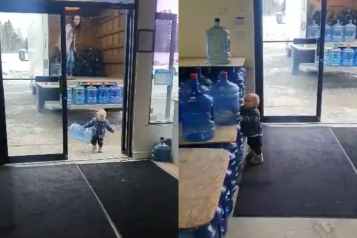 Toddler helping his mother