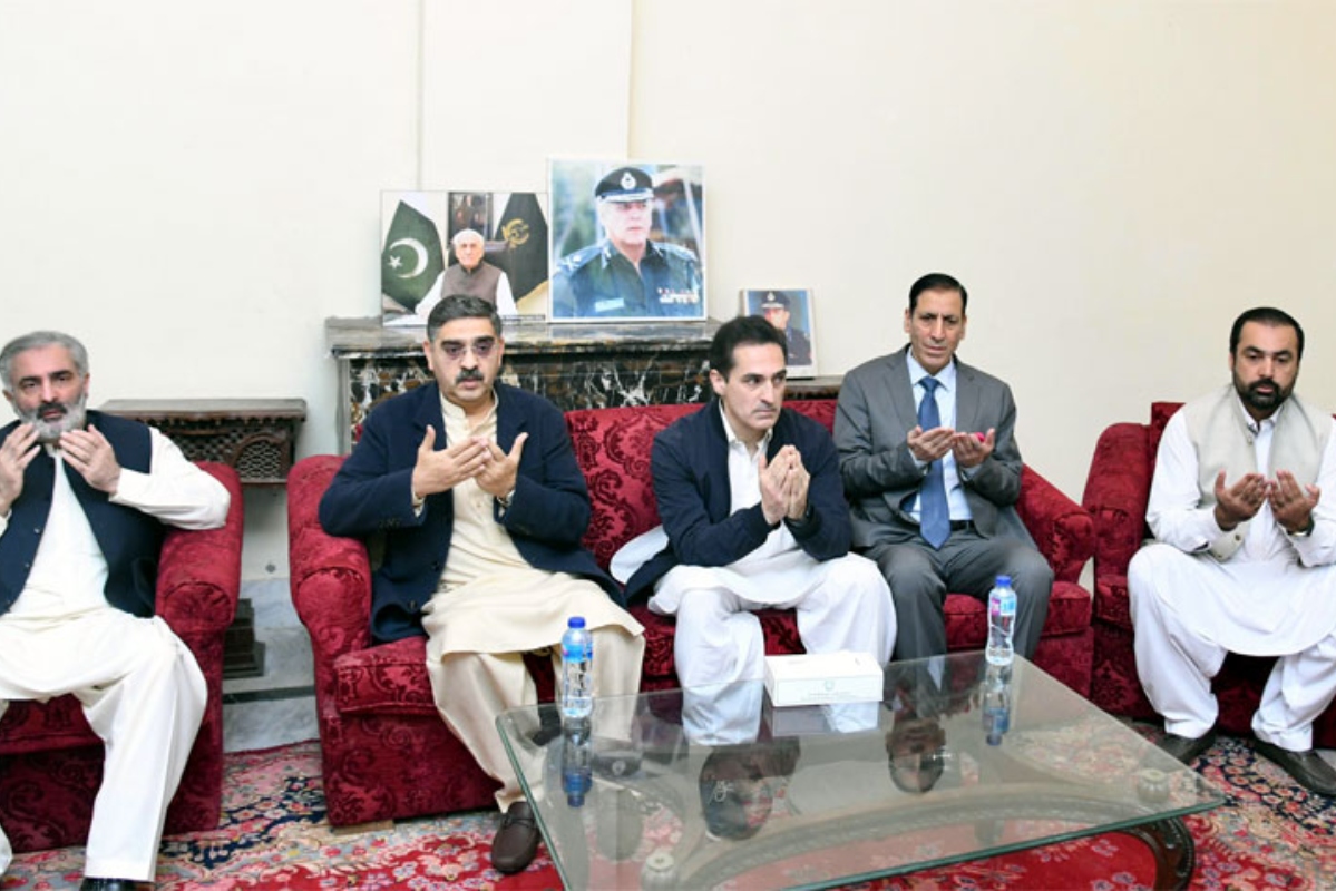 Caretaker PM visits residence of late former KP CM Azam Khan in Charsadda