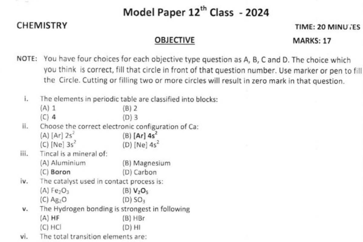 FSC part 2 chemistry guess papers 2024