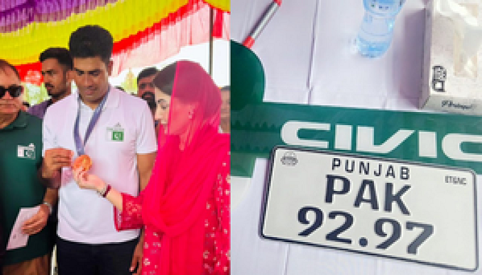 Maryam presents Rs100mn cheque, car to Olympic gold medalist Arshad Nadeem