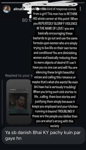 Alina Abbas Shah slams Danish Taimoor for showing “violence in the name of romance”