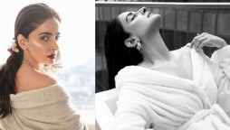 Saba Qamar looks drop dead gorgeous wearing bathrobe with minimal makeup