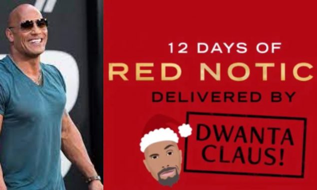 Dwayne Johnson dresses up as Dwanta Claus for the ’12 Days of Red Notice’ giveaway.