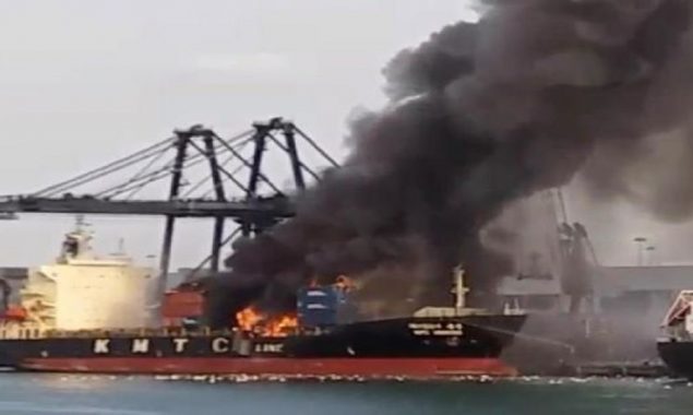 Foreign cargo ship catches fire at Karachi Port