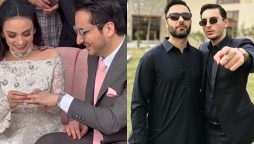 Ahmed Ali Akbar and Osman Khalid Butt grooves at Mehar Bano’s engagement