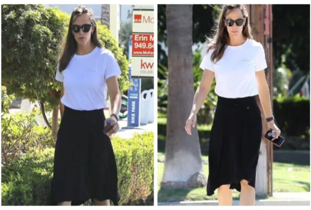 Jennifer Garner steps out in style wearing black skirt and white top