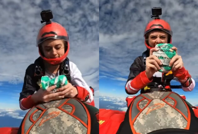Watch Video: Woman enjoy skydiving while eating burger