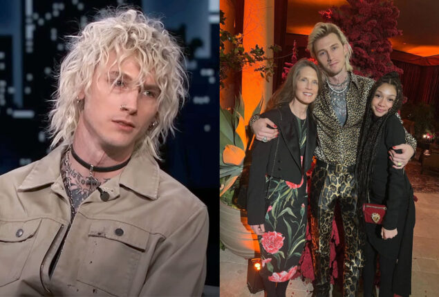 Machine Gun Kelly attends the Kardashian party in a leopard print dress