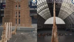 27.46-foot tower of wooden blocks collapses in domino effect