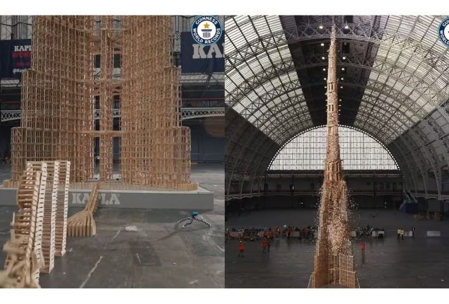 27.46-foot tower of wooden blocks collapses in domino effect