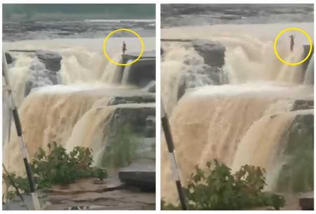 Girl Jumps into Waterfall